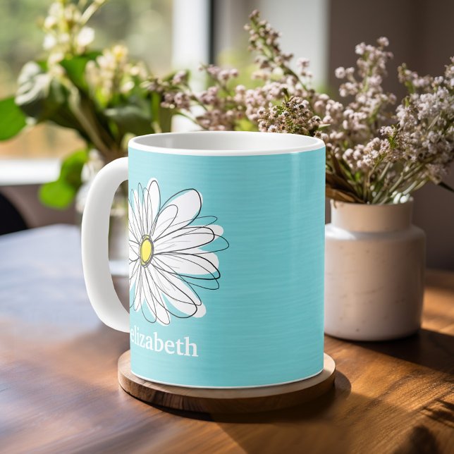 Taza De Café Aqua y Yellow Whimsical Daisy Personalizado Textos (Mug template with a place for a name - whimsical daisy)