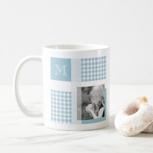 Taza De Café Aquamarine Añade Tu Foto Gingham Monograma Moderno