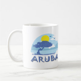 Taza De Café Árbol Aruba Azul Retro Divi, Sol y Océano