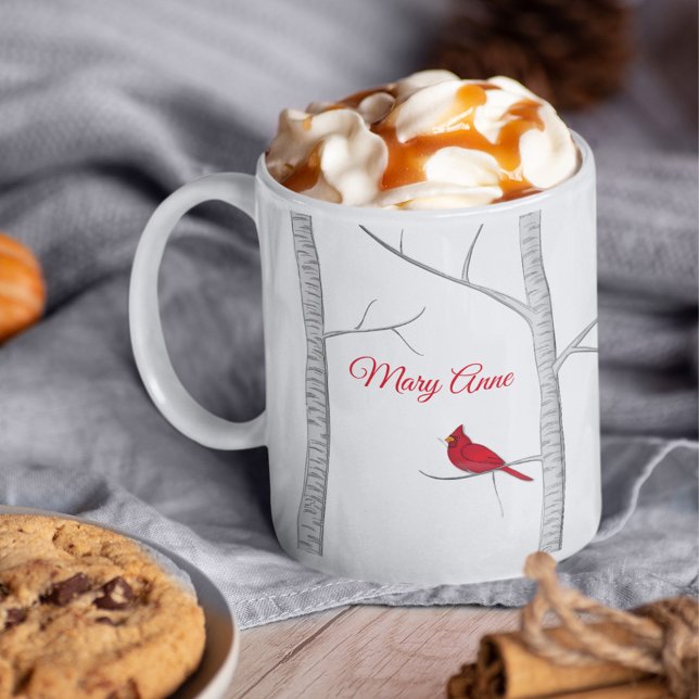 Taza De Café Árbol de invierno de pájaro rojo artístico bosque  (Christmas holiday winter red cardinal custom mug)
