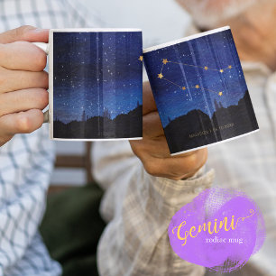 Taza De Café Árbol de la Noche Estrellada Oro Géminis Constelac