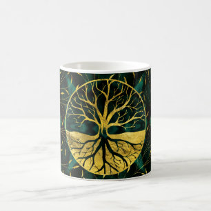Taza De Café Árbol de la vida de oro Yggdrasil en la malaquita