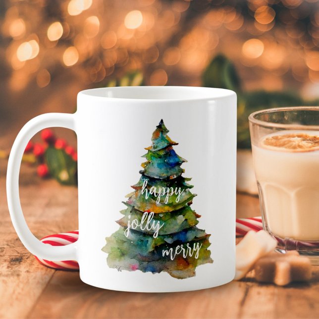Taza De Café Árbol de Navidad acuarela Merry Jolly Happy Script (Subido por el creador)