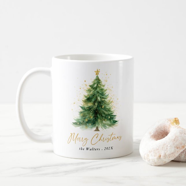Taza De Café Árbol de Navidad acuarela moderna no foto (Con donut)