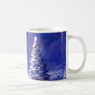 Taza De Café Árbol de Navidad Brillante Paisaje de Montaña Neva