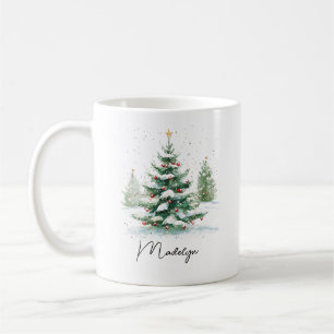 Taza De Café Árbol de Navidad con letra simple en acuarela