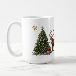 Taza De Café árbol de Navidad decorado con un reno y regalos