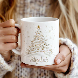 Taza De Café Árbol de Navidad dorado y blanco con nombre