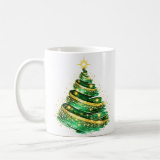 Taza De Café Árbol de Navidad en verde esmeralda y dorado