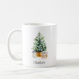 Taza De Café Árbol de Navidad Mínimo Blanco Verde Personalizado