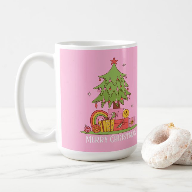 Taza De Café Árbol de Navidad retro rosa (Con donut)