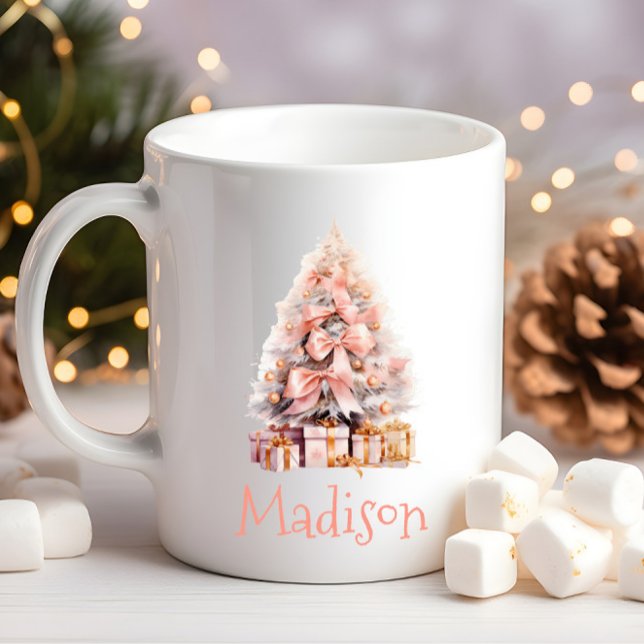 Taza De Café Árbol de Navidad rosa personalizado festivo (Personalized Pink Christmas Tree Coffee Mug, Hot Cocoa, Festive Holiday Gift Idea for Her, Friend)