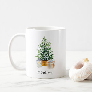 Taza De Café Árbol de Navidad y linterna minimalista en acuarel