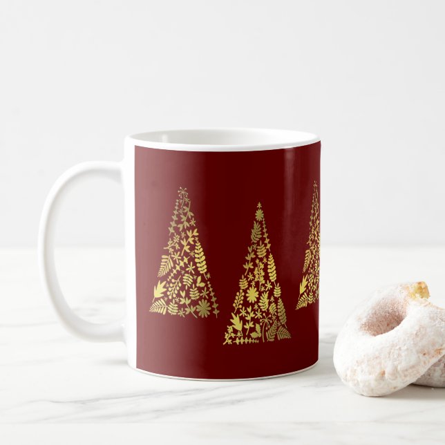 Taza De Café Árbol de oro rojo de vacaciones Elegante Minimalis (Con donut)