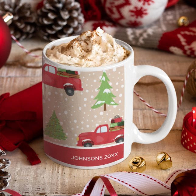 Taza De Café Árbol de vacaciones con camionetas de época Feliz  (Subido por el creador)