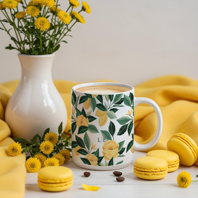 Taza De Café Árbol floral de flores de limón Boda amarillo eleg (Lemon Blossom Floral Tree Elegant Yellow Wedding Coffee Mug)