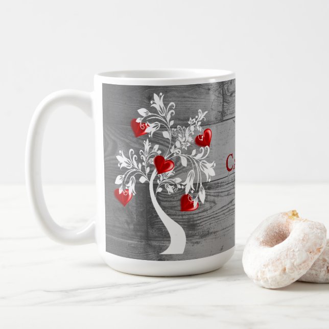 Taza De Café Árbol rojo de corazones café personalizado (Con donut)