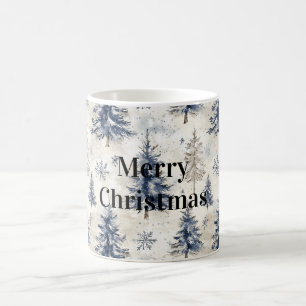 Taza De Café Árboles de Navidad Invernales de Crema y Azul Copo