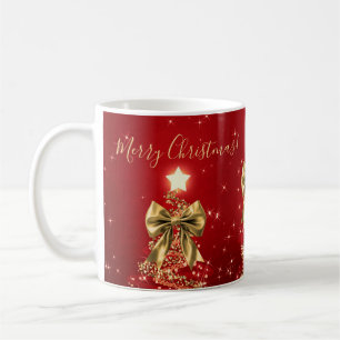 Taza De Café Árboles de Navidad rojos con lazos dorados festivo