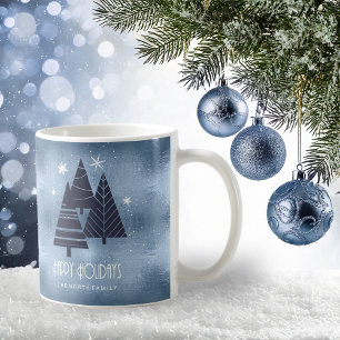 Taza De Café Árboles de Navidad y copos de nieve Blue ID863