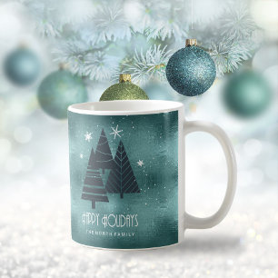 Taza De Café Árboles de Navidad y copos de nieve Verde azulada 