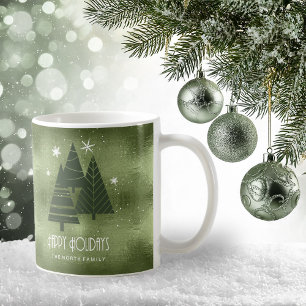 Taza De Café Árboles de Navidad y Copos de Nieve Verde ID863