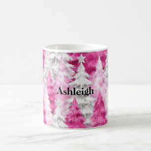 Taza De Café Árboles navideños de glam blanco rosado