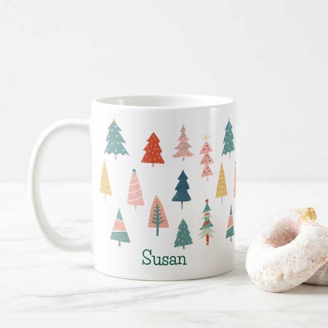 Taza De Café Árboles navideños modernos festejan Esmeralda verd (Con donut)
