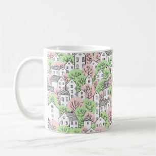 Taza De Café Árboles y casas sin fisuras. Primavera y verano