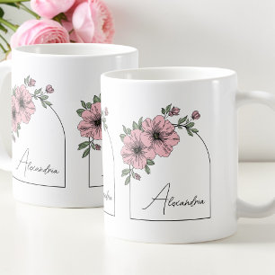 Taza De Café Arco Botánico Floral Rosa Elegante Letra Negra