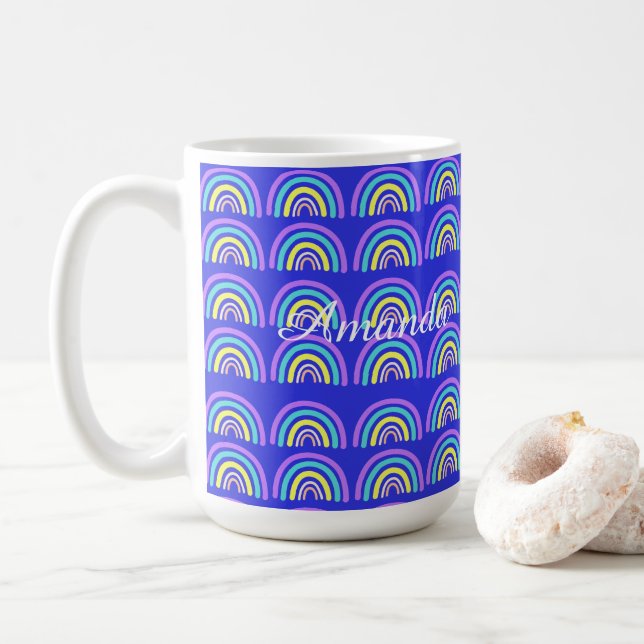 Taza De Café Arcoiris amarillo, azul y púrpura (Con donut)