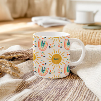 Taza De Café Arcoíris Bohemio Retro Amanecer Aquarela 