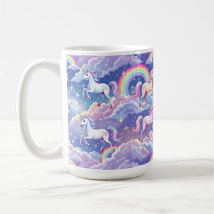 Taza De Café Arcoíris brillante y unicornios en nubes