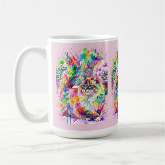 Taza De Café Arcoíris Caprichoso Gato Esponjoso Acuarela de Inv