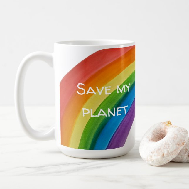 Taza De Café ARCOÍRIS Salva mi planeta (personalizable) (Con donut)
