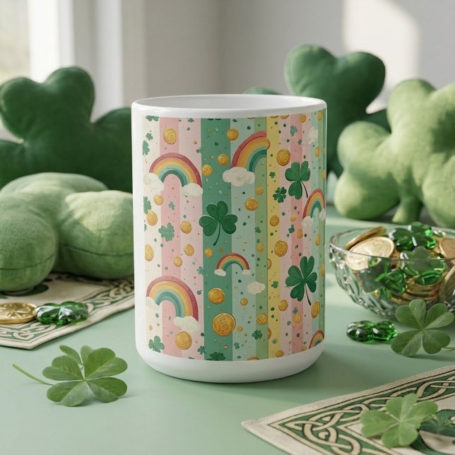 Taza De Café Arcoíris Shamrocks Irlandés Pastel Rosa Verde  (Rainbow Shamrocks Irish Pastel Lucky Pink Green Coffee Mug)