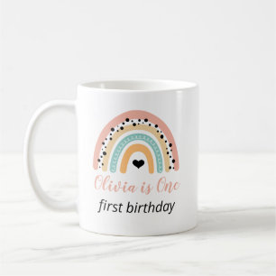 Taza De Café Arcoiris y corazones Fiesta de primer cumpleaños