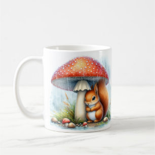 Taza De Café Ardilla Cuta Bajo El Paraguas De Los Hongos