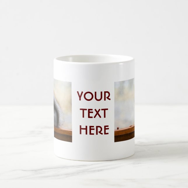 Taza De Café Ardilla en un banco y algunas nueces (Centro)