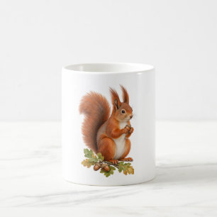 Taza De Café Ardilla Roja Sosteniendo una Bellota entre Hojas d