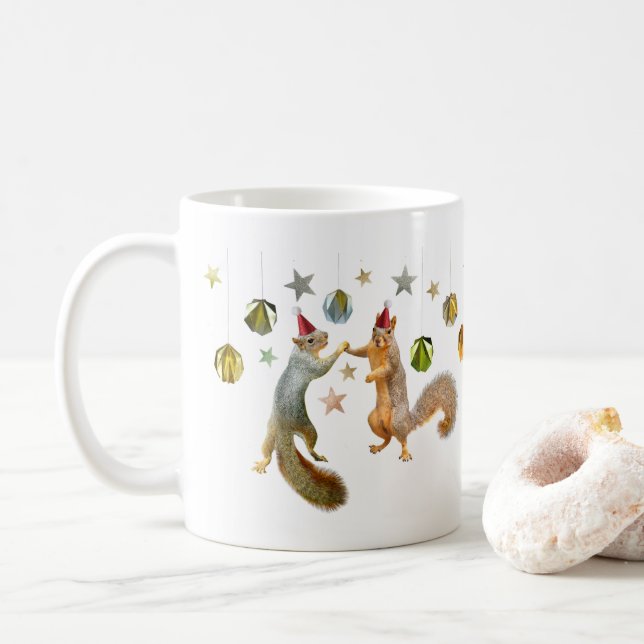 Taza De Café Ardillas con estrellas y bolas de oro (Con donut)