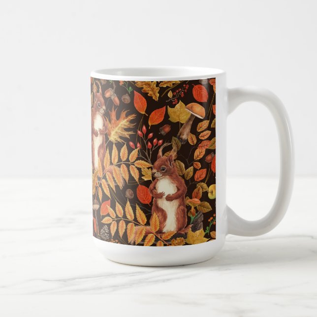 Taza De Café ardillas y flora otoñales en marrón oscuro (Derecha)