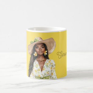 Taza De Café Aretes Florales de Señora Sombrero Amarillo Negro