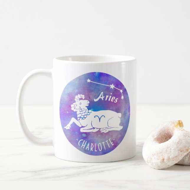Taza De Café Aries Ram Constellation Stars Nombre personalizado (Con donut)