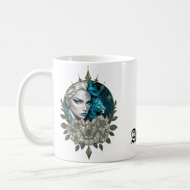 Taza De Café Armonía de los elementos, la mujer con león. (Izquierda)