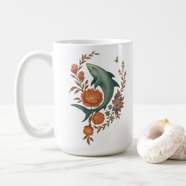 Taza De Café Armonía floral del tiburón - Arte de la naturaleza (Con donut)