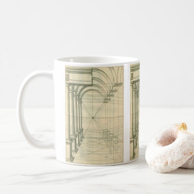 Taza De Café Arquitectura de época, perspectiva de columnas de  (Con donut)