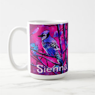 Taza De Café Arrendajo Azul Rama de Árbol Rosa Personalizado 