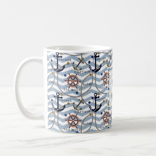Taza De Café Arroyo de anclaje náutico raya blanca azul zigzag (Izquierda)