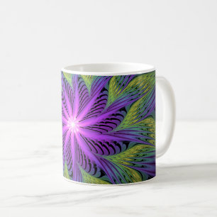Taza De Café Arte abstracto fractal moderno de flor verde púrpu